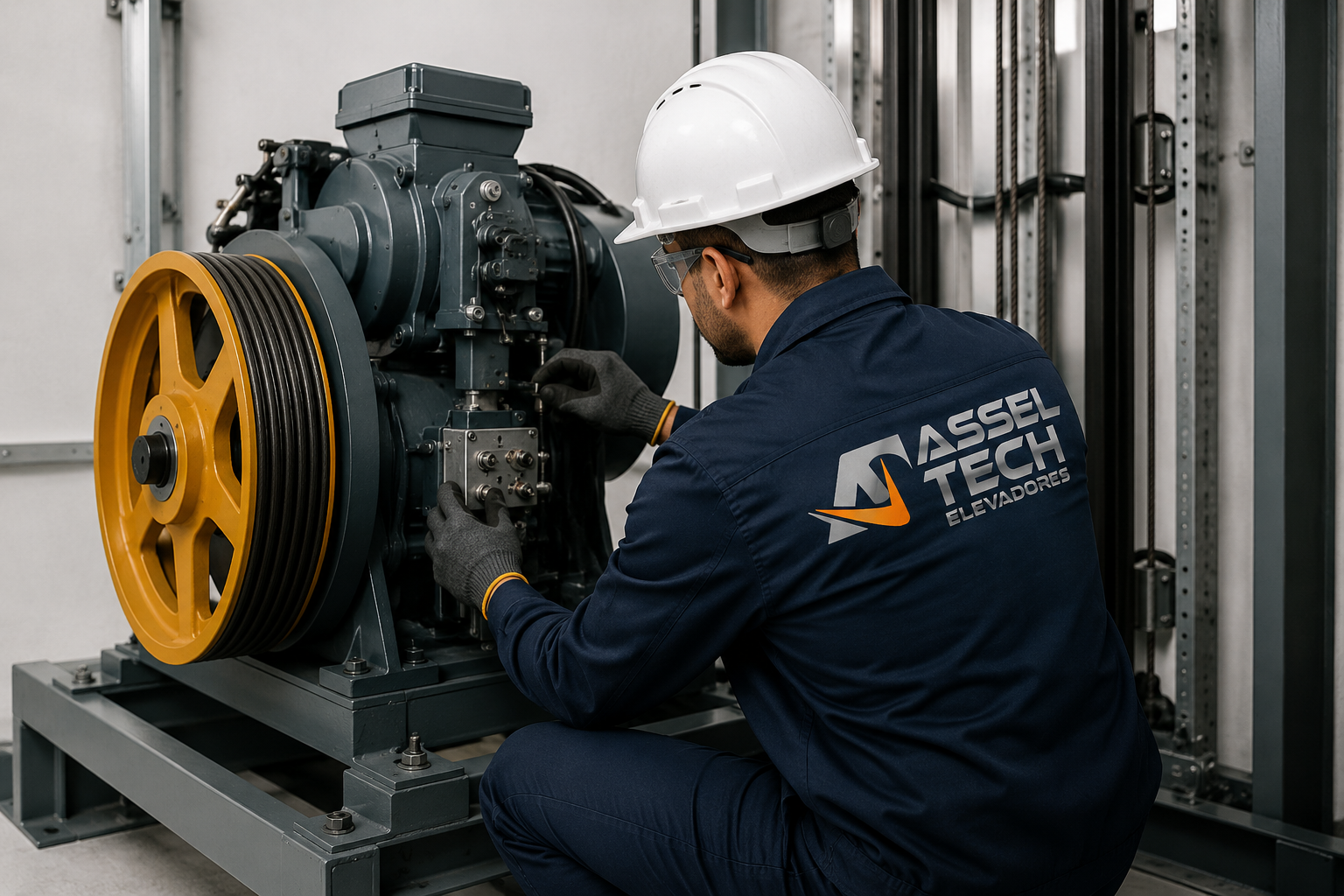 Técnico da Assel Tech realizando manutenção em elevador